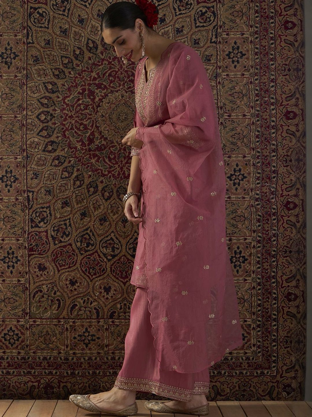 Indyancart IE Ethnic Motifs Embroidered Regular Straight Kurta With Palazzos & Dupatta