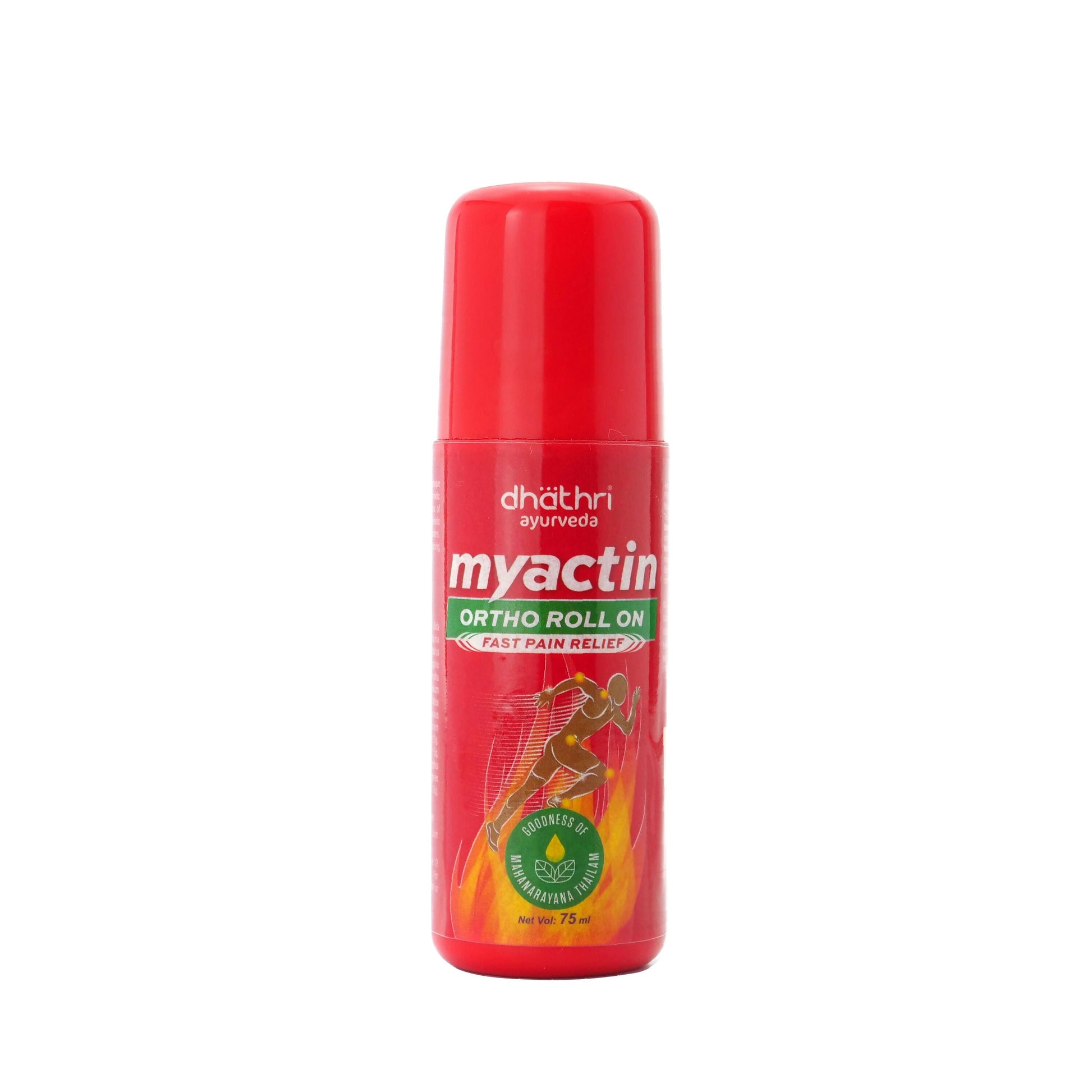 Dhathri Ayurveda Myactin Ortho Roll On for pain relief, showing the roll-on applicator and packaging of the Ayurvedic product.