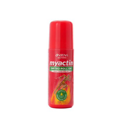 Dhathri Ayurveda Myactin Ortho Roll On for pain relief, showing the roll-on applicator and packaging of the Ayurvedic product.
