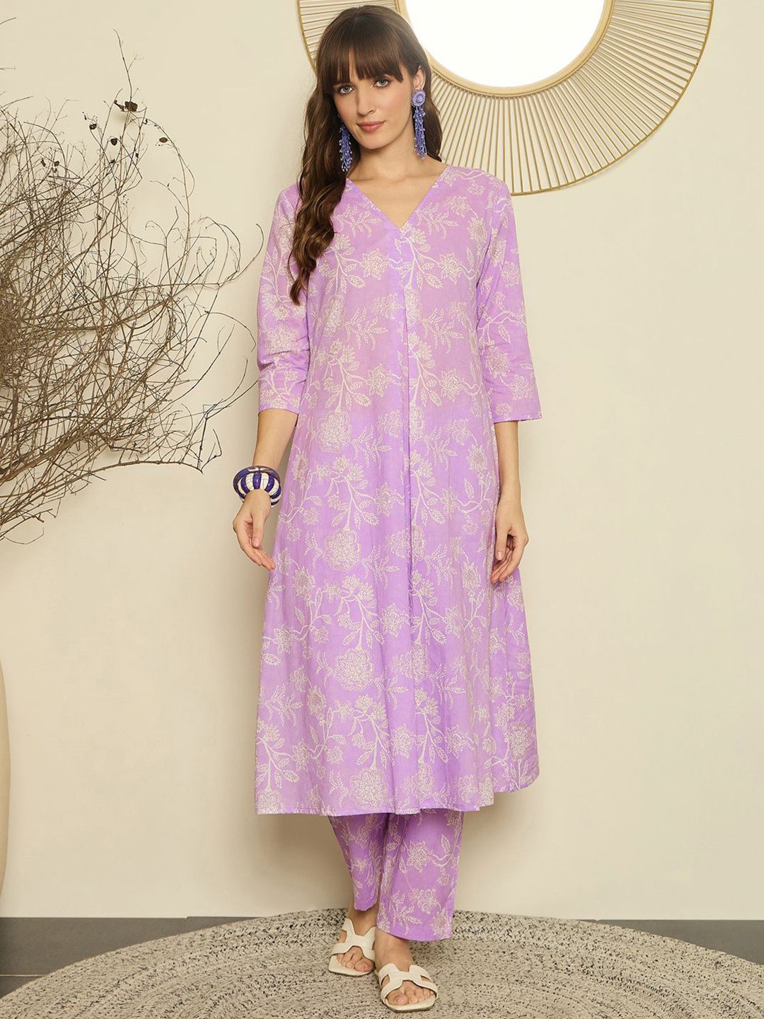 Floral Printed V-Neck A-Line Pure Cotton Kurta with Trousers