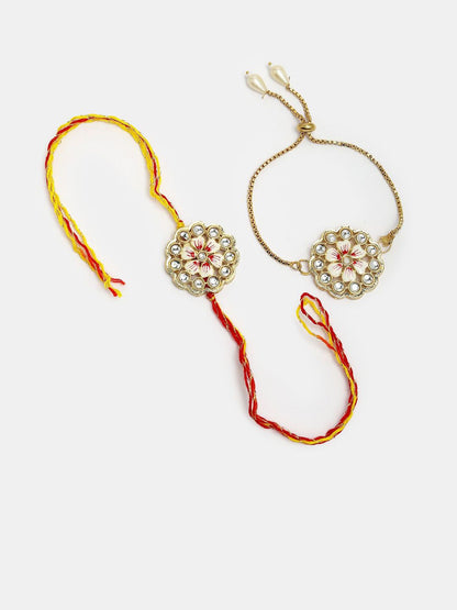 Anouk Unisex Set Of 2 Gold Kundan-Studded Bhaiya Bhabhi Rakhi Set With Roli Chawal