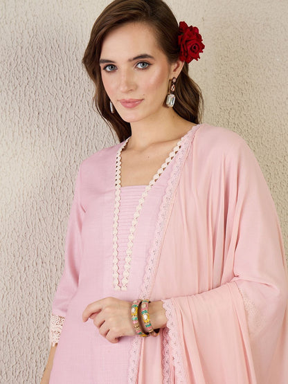 Women Floral Printed Regular Thread Work Linen Kurta with Trousers & With Dupatta