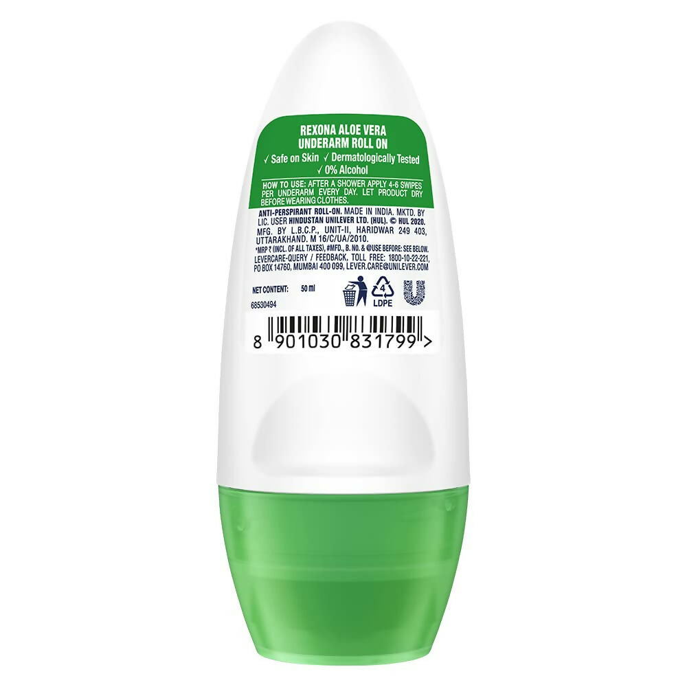 Rexona Aloe Vera underarm roll-on deodorant for women, showing the sleek container and fresh aloe vera design.