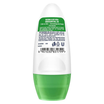 Rexona Aloe Vera underarm roll-on deodorant for women, showing the sleek container and fresh aloe vera design.