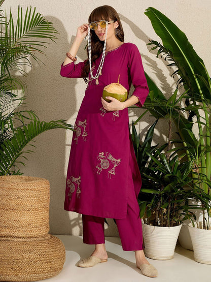 Indyancart IE Embroidered Round Neck Straight Pure Cotton Kurta & Trousers