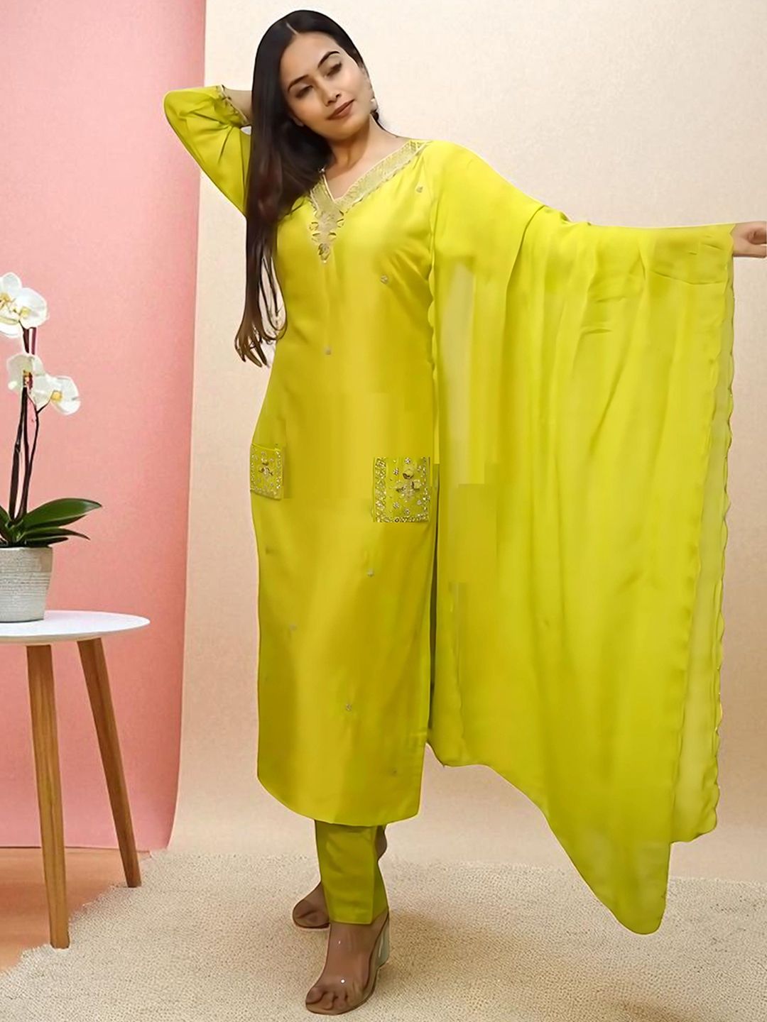 Indyancart SN Women's Embroidered Straight Pure Cotton Kurta & Pyjamas With Dupatta