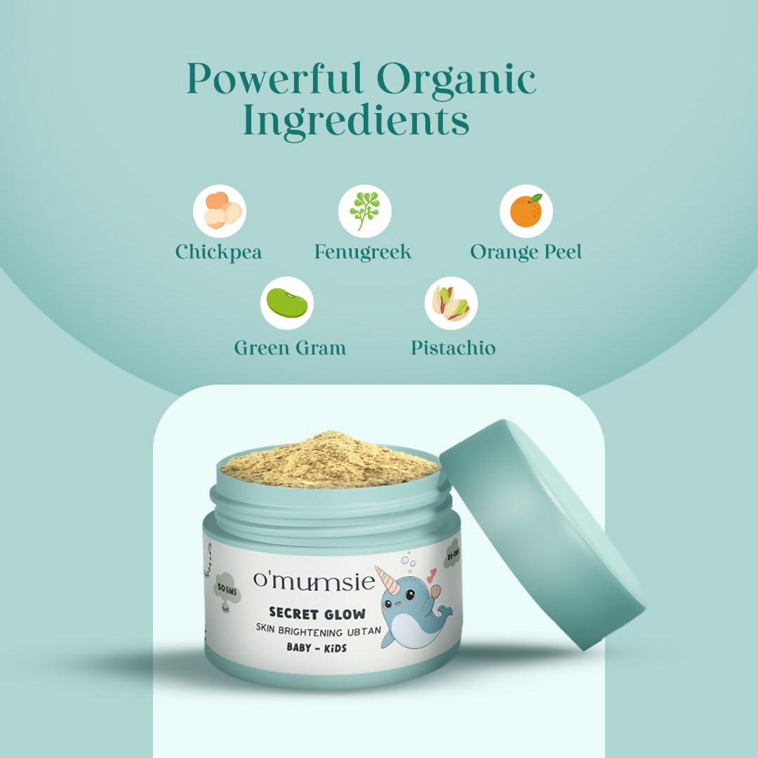 O'Mumsie Secret Glow skin brightening baby ubtan in a jar, natural baby body scrub for gentle skin brightening and soothing.