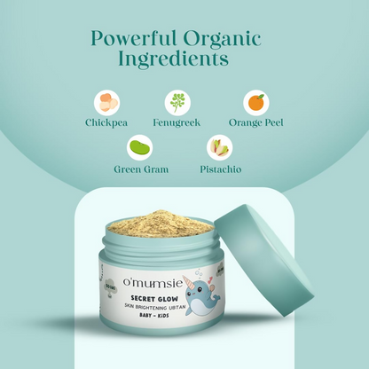 O'Mumsie Secret Glow skin brightening baby ubtan in a jar, natural baby body scrub for gentle skin brightening and soothing.