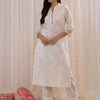 Indyancart IE Off White Ethnic Mandarin Collar Motifs Printed Cotton Straight Kurta