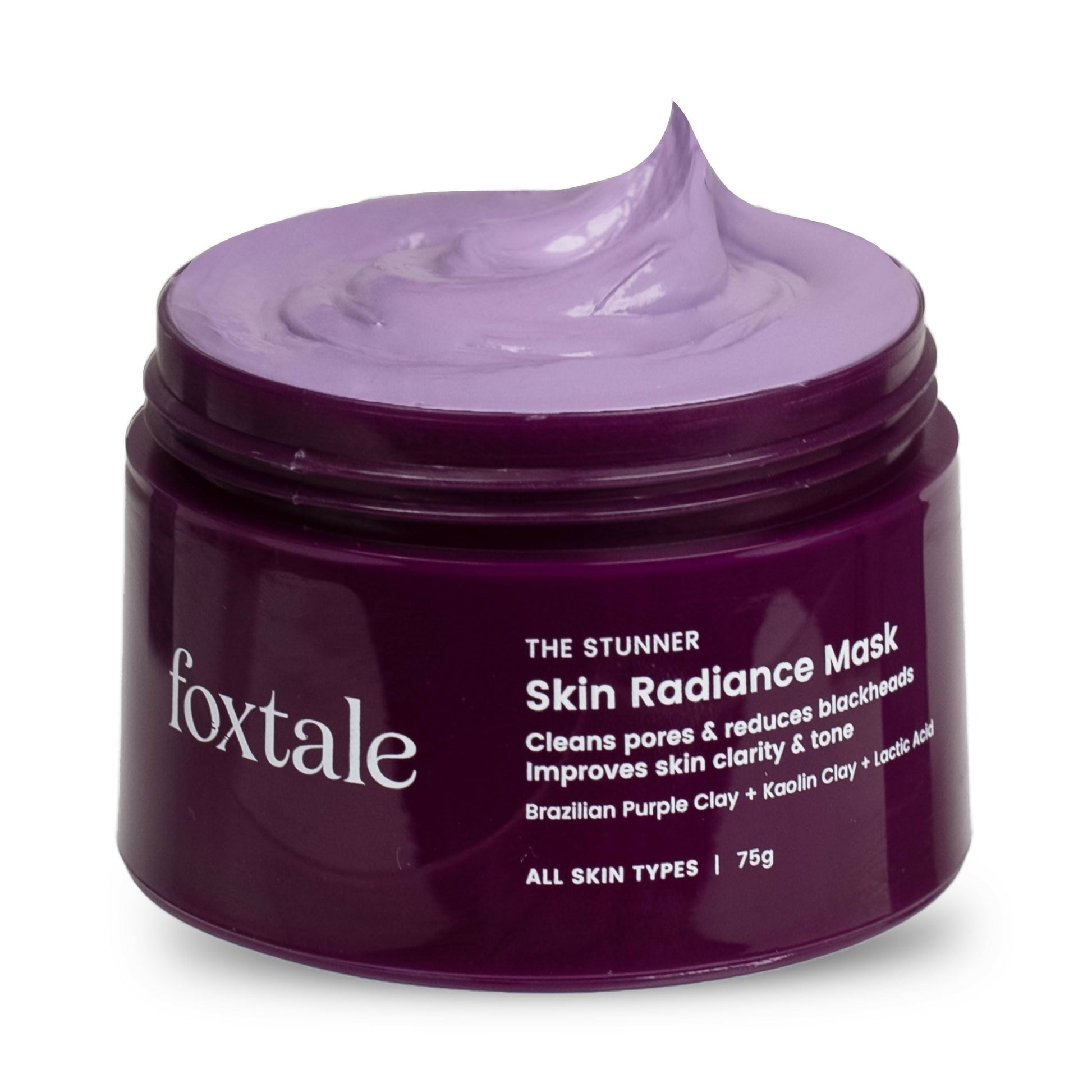 Foxtale de-tan face mask with clay and lactic acid for glowing skin, tan removal, blackhead reduction, and instant brightening.