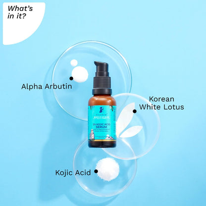 Pilgrim 2% Kojic Acid Serum with Arbutin and White Lotus for acne and dark spots, in a clear glass bottle with dropper.