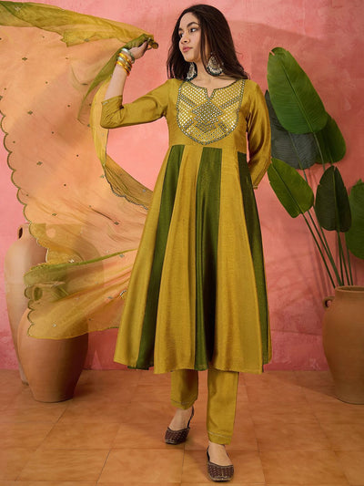 Indyancart SN Women's Vichitra Thread Mirror Work Embroidery A Line Kurta With Trousers & Dupatta