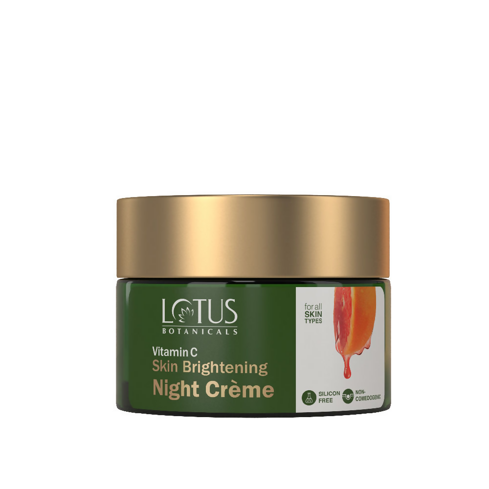 Lotus Botanicals Skin Brightening Night Cream jar with white and purple packaging, showcasing the product label and cream inside.