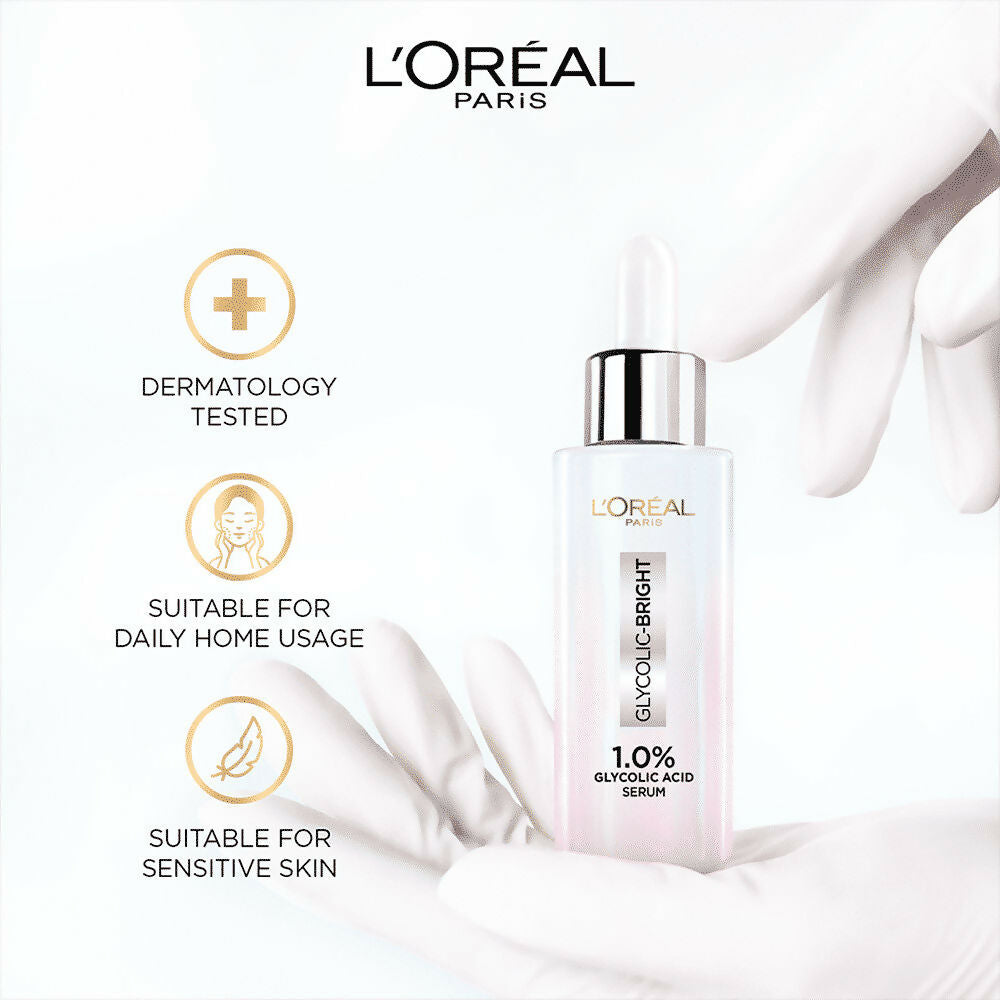 L'Oreal Paris Glycolic Acid skincare kit featuring a sunscreen bottle with SPF protection and glowing skin benefits.