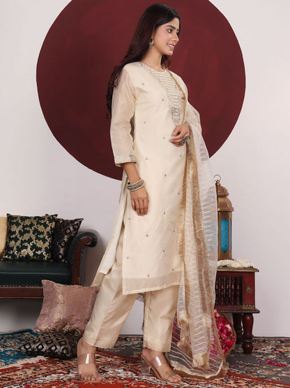 Indyancart VA Cream-Coloured Floral Embroidered Sequined Kurta With Palazzos & Dupatta