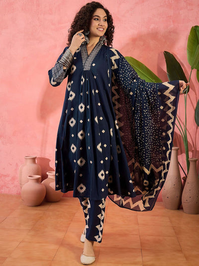 Indyancart SN Women's Geometric Printed V-Neck Pleated Pure Cotton A-Line Kurta With Trouser And Dupatta