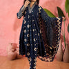 Dhiyona SN Women's Geometric Printed V-Neck Pleated Pure Cotton A-Line Kurta With Trouser And Dupatta