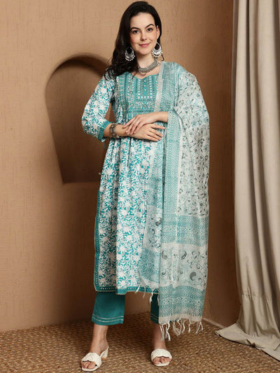 Indyancart SN Women's Floral Printed Pure Cotton Anarkali Kurta & Trousers With Dupatta