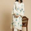 Women's White & Blue Floral Printed Notch Neck Thread Work Cotton A-Line Kurta & Trouser