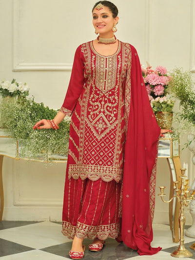 Indyancart IE Ethnic Motifs Embroidered Straight Kurta With Sharara & Dupatta