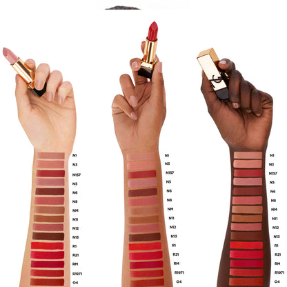 Yves Saint Laurent Rouge Pur Couture lipstick in N1 Beige Trench and N12 Nude Instinct, satin finish, showcasing the elegant lipstick tubes.