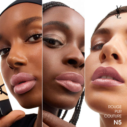 Yves Saint Laurent Rouge Pur Couture lipstick in N1 Beige Trench with satin finish, showing the nude lipstick and packaging.