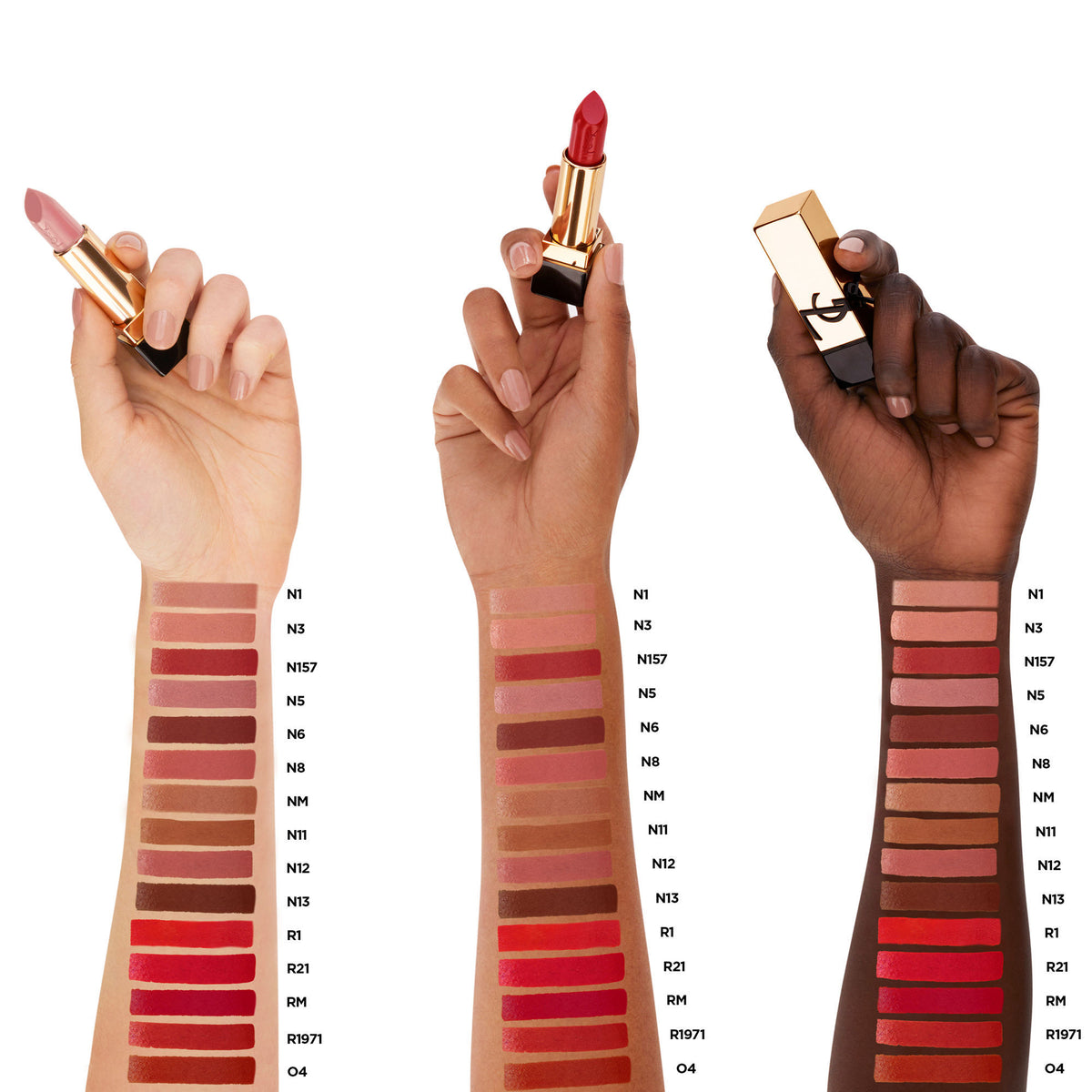 Yves Saint Laurent Rouge Pur Couture lipstick in shades N1 Beige Trench and N5 Tribe Nude, satin finish, displayed on a neutral background.
