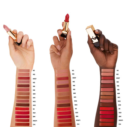 Yves Saint Laurent Rouge Pur Couture lipstick in N1 Beige Trench with satin finish, displayed with a blouse in the image.