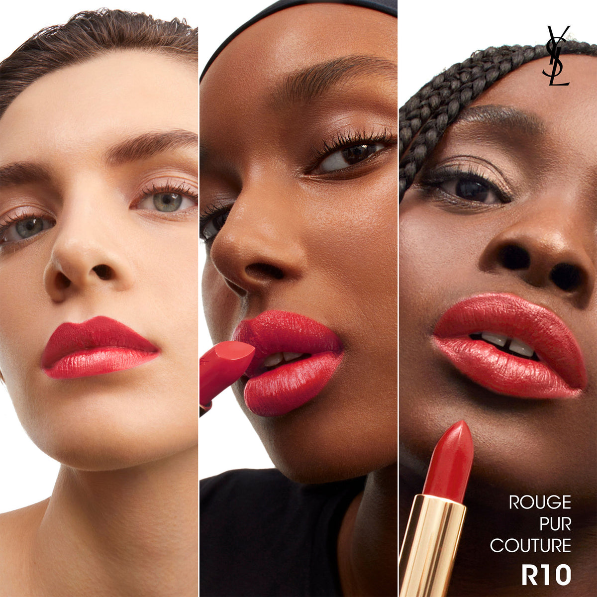 Yves Saint Laurent Rouge Pur Couture lipstick in N1 Beige Trench with satin finish, featuring the Effortless Vermillion shade.