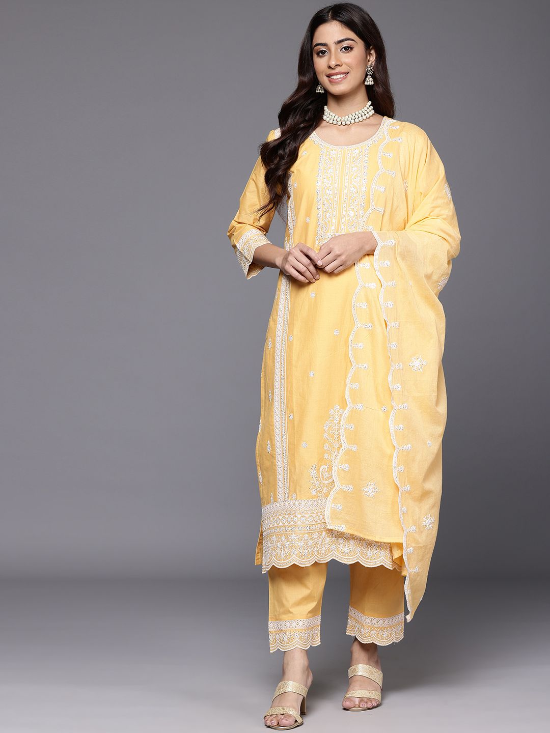 Indyancart VA Women's Embroidered Sequinned Pure Cotton Kurta with Trousers & Dupatta