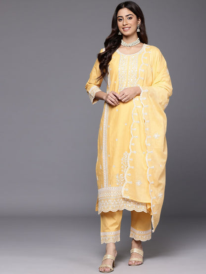 Indyancart VA Women's Embroidered Sequinned Pure Cotton Kurta with Trousers & Dupatta