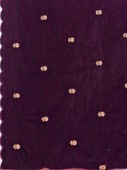 Indyancart IE Ethnic Motifs Embroidered Zari Velvet Kurta With Trousers & Dupatta