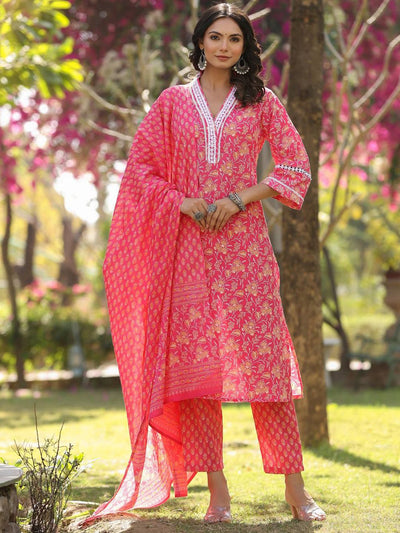 Indyancart VA Women'sFloral Printed Regular Straight Kurta with trousers & with Dupatta