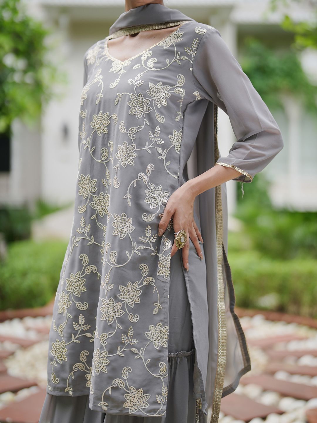 Indyancart IE Floral Embroidered Kurta With Sharara & Dupatta