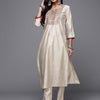Indyancart IE Women Off White Embroidered Thread Work Liva Kurta with Trousers