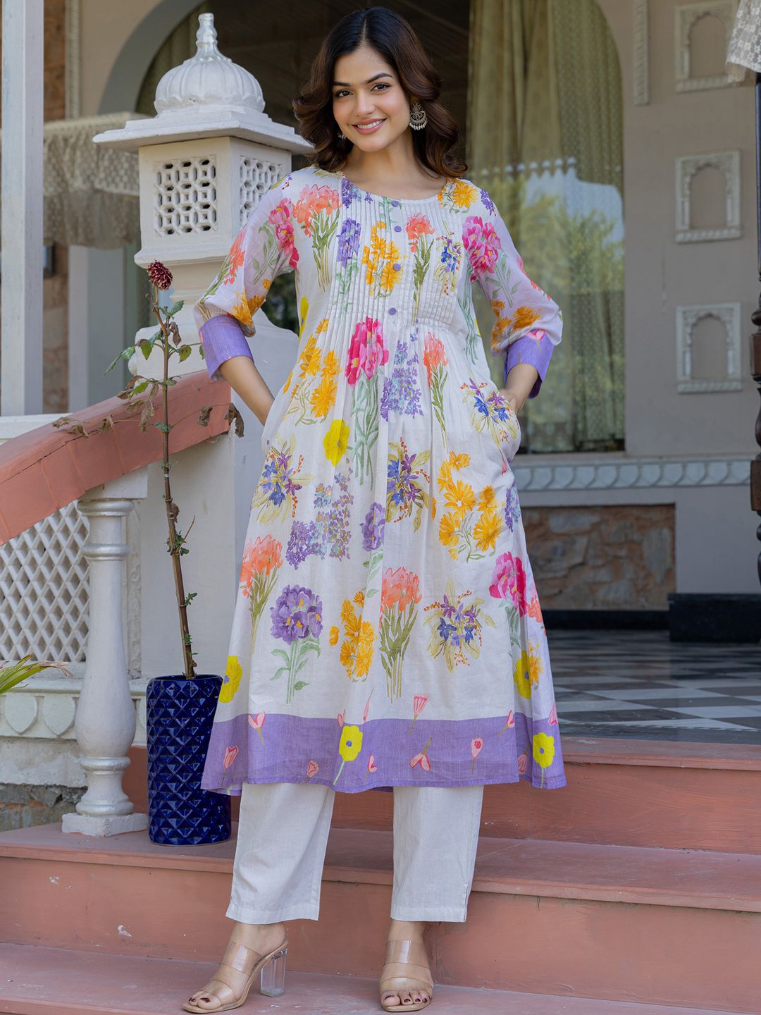 Floral Printed A-Line Pure Cotton Kurta With Trousers