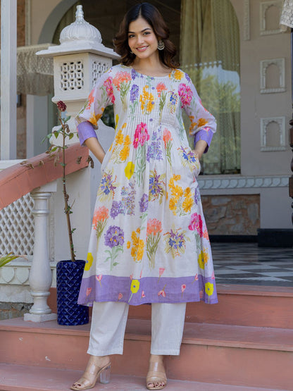 Floral Printed A-Line Pure Cotton Kurta With Trousers