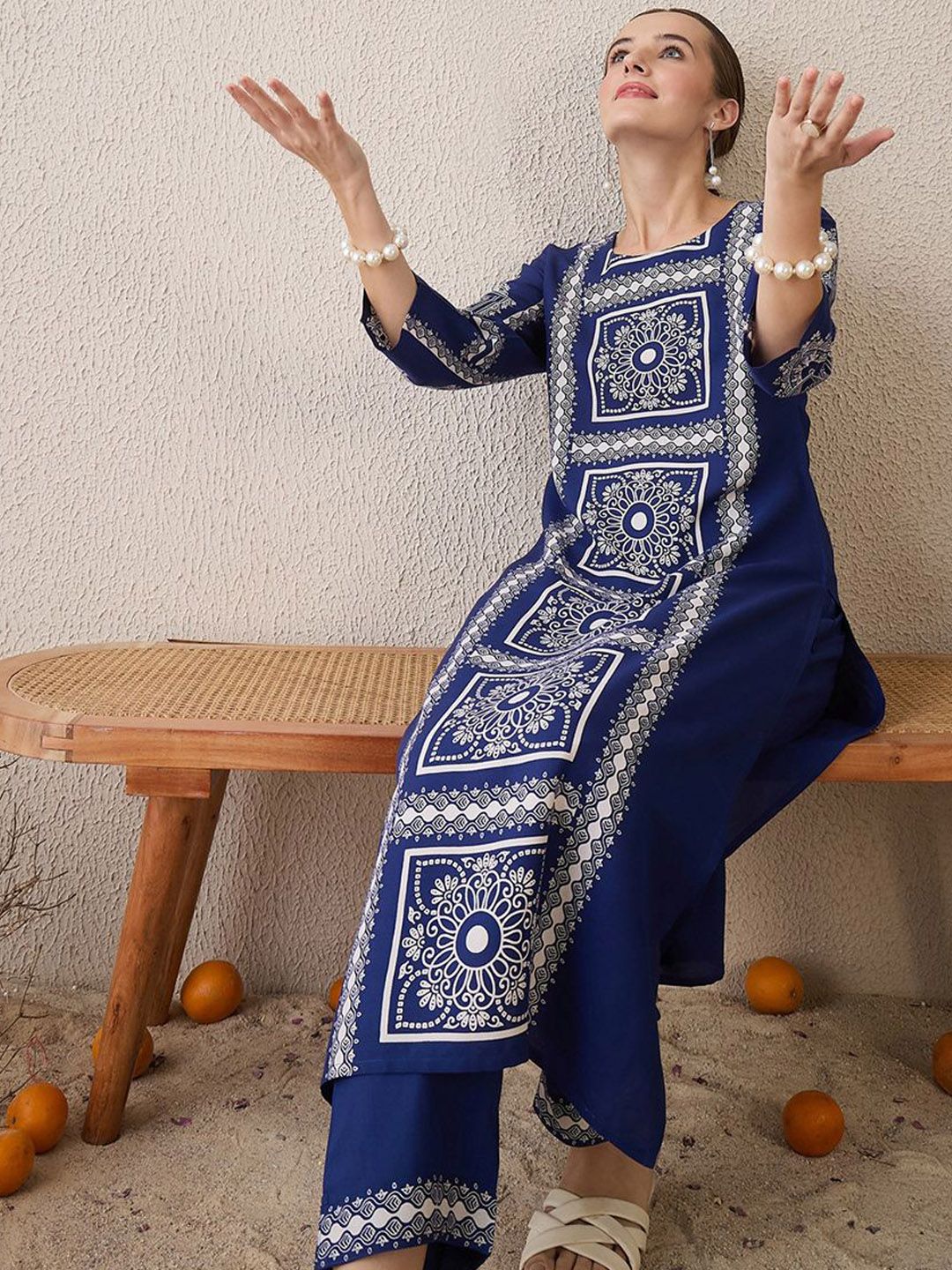 Indyancart IE Floral Printed Round Neck Straight Kurta With Trouser