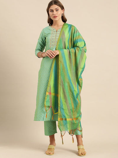 Indyancart VA Women's Sea Green & Gold-Toned Embroidered Kurta with Trousers & Dupatta