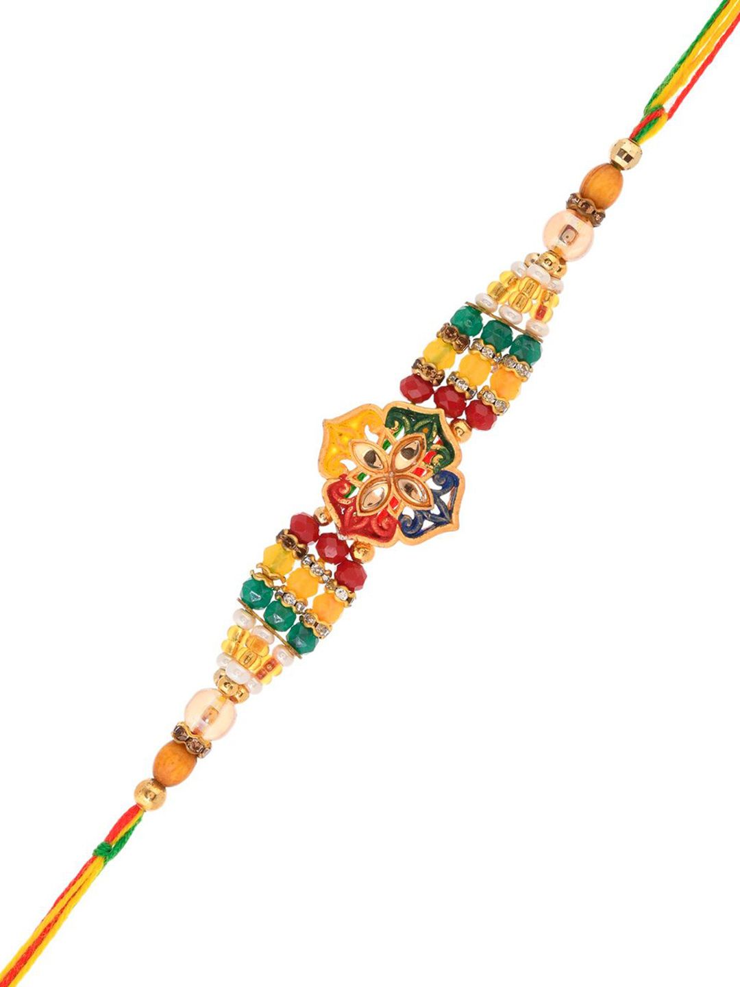 Anouk Green Stone Studded & Beaded Thread Rakhi With Roli Chawal With Greeting Card