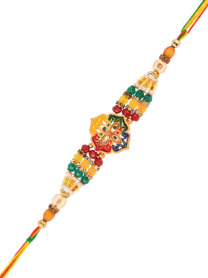 Anouk Green Stone Studded & Beaded Thread Rakhi With Roli Chawal With Greeting Card