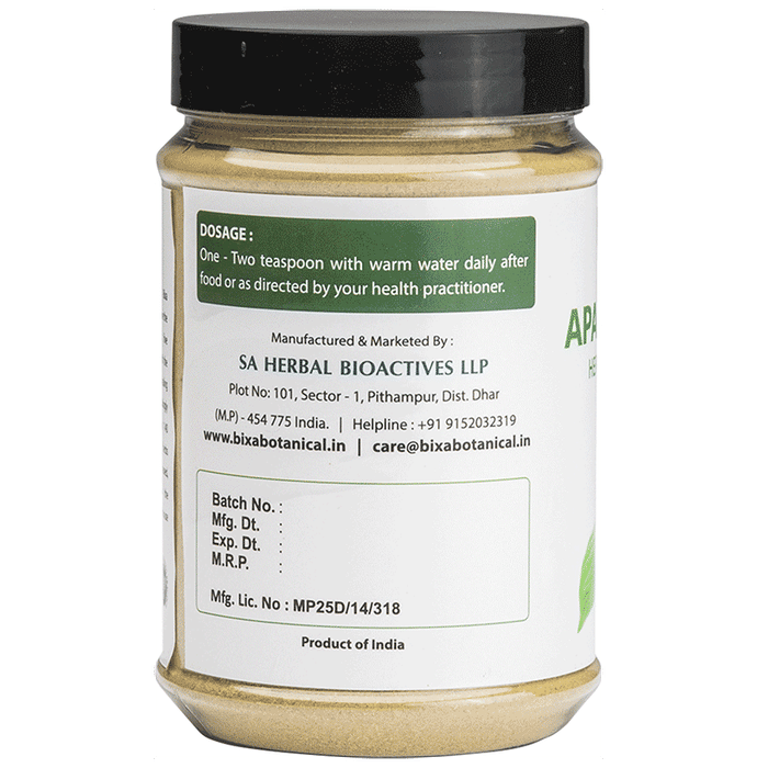 Bixa Botanical Apamarga Powder, an Ayurvedic herbal powder with dried plant material, in a clear container.