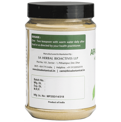 Bixa Botanical Apamarga Powder, an Ayurvedic herbal powder with dried plant material, in a clear container.