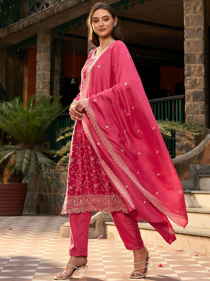 Dhiyona IE Floral Embroidered Regular Thread Work Straight Kurta with Trousers & Dupatta