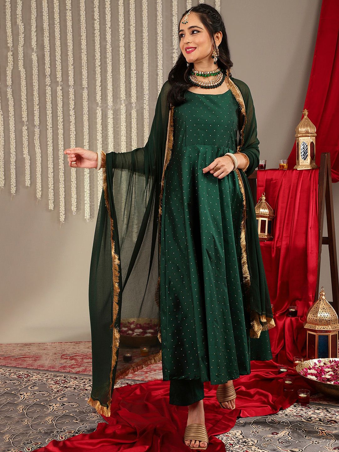 Indyancart VA Women'sWoven Design Shoulder Straps Zari Detail Anarkali Kurta & Trousers With Dupatta