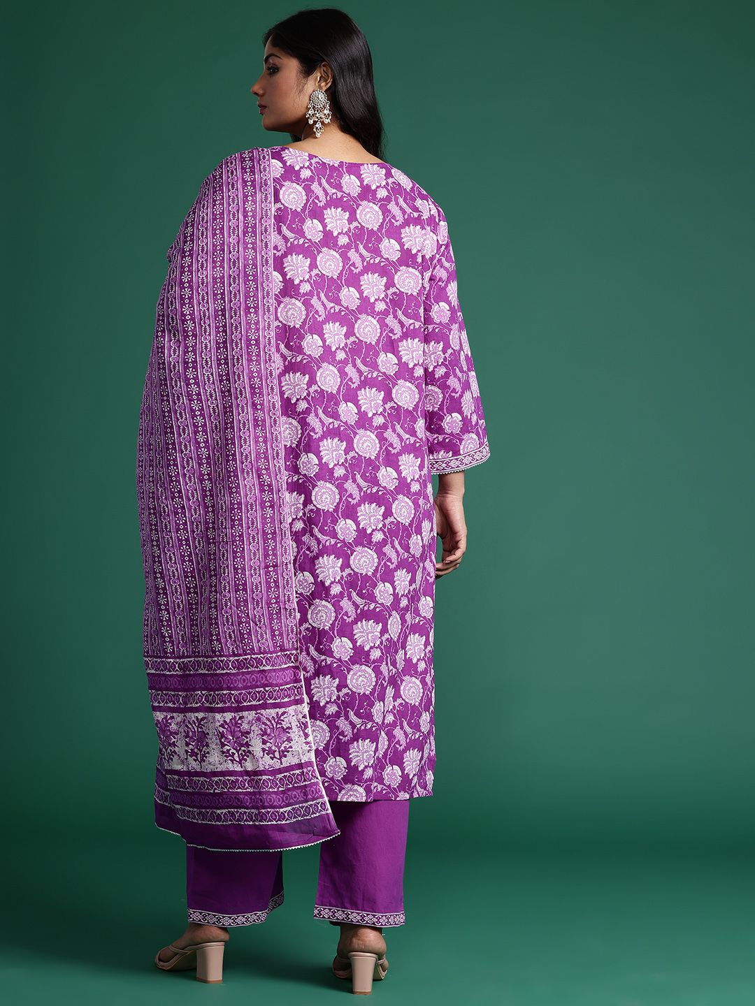 Indyancart Women's Plus Size Floral Printed Mirror Work Pure Cotton Kurta Set