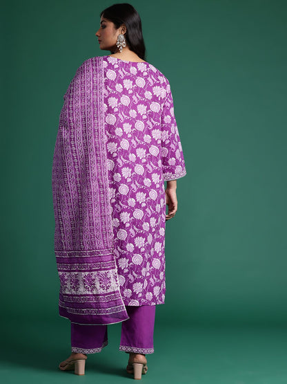 Indyancart Women's Plus Size Floral Printed Mirror Work Pure Cotton Kurta Set