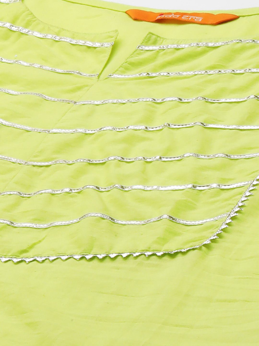Indyancart IE Women Fluorescent Green Yoke Design Gotta Patti Pure Cotton Kurta with Palazzos & With Dupatta