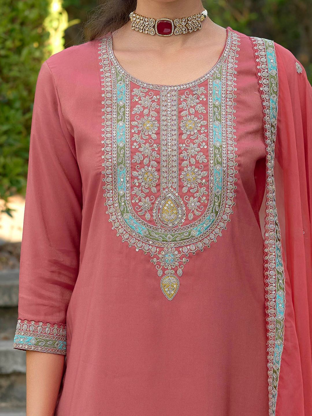 Ethnic Motifs Yoke Design Straight Kurta with Trousers & Dupatta