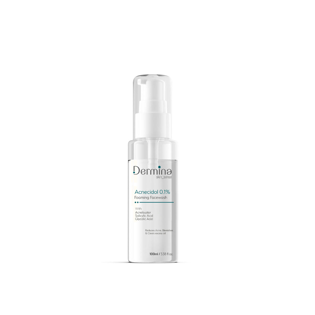 Dermina Acnecidol 0.1% foaming facewash with salicylic and glycolic acid for acne-prone skin, in a white bottle with pump.